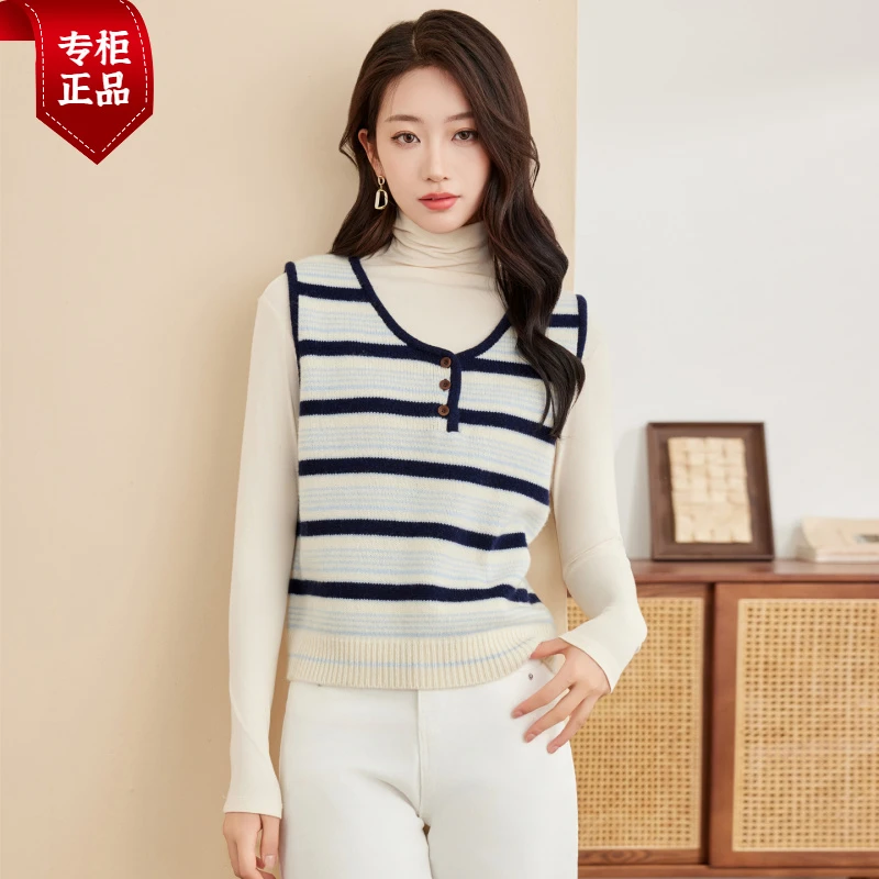 正品哥弟新款100%纯羊绒条纹叠穿马夹2025秋季新款女士短款背心