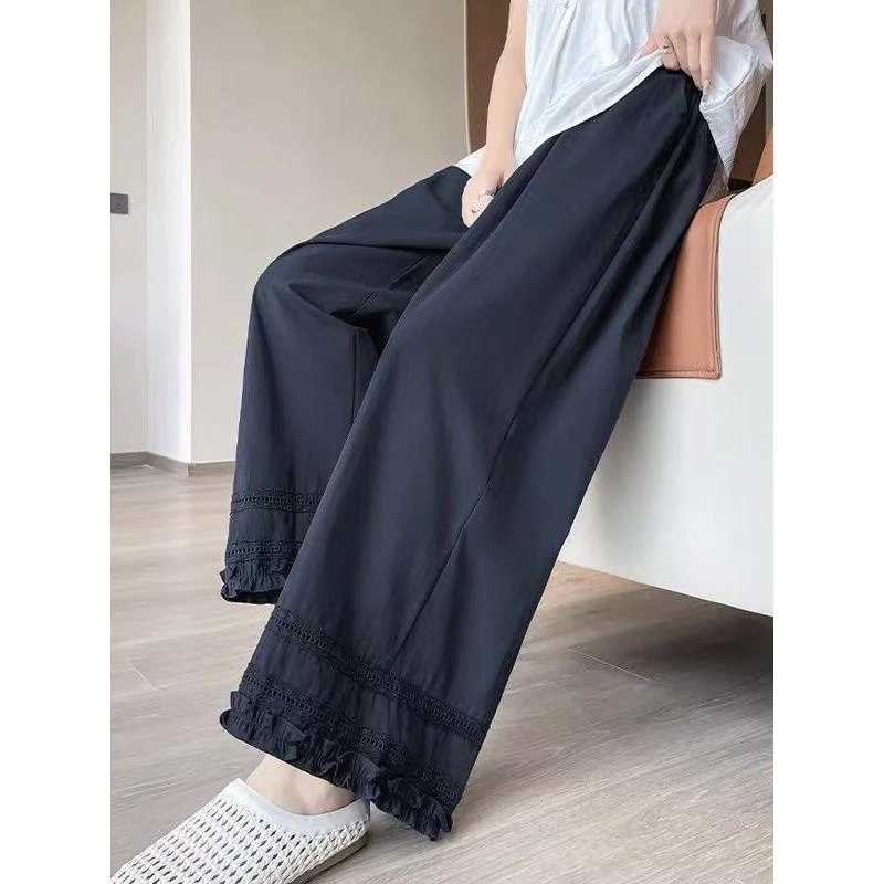 冰丝木耳边蕾丝勾花阔腿裤女2025薄款九分直筒遮胯显瘦韩系休闲裤