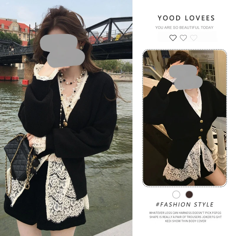 气质两件套ootd穿搭短外套衫叠穿V领开叉黑色慵懒风女春秋新款