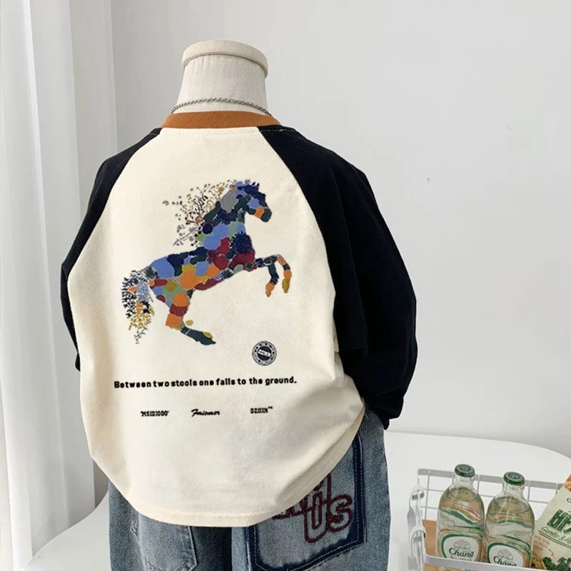 男童T恤纯棉春秋新款儿童宝宝长袖中小童卡通洋气秋装插肩袖上衣