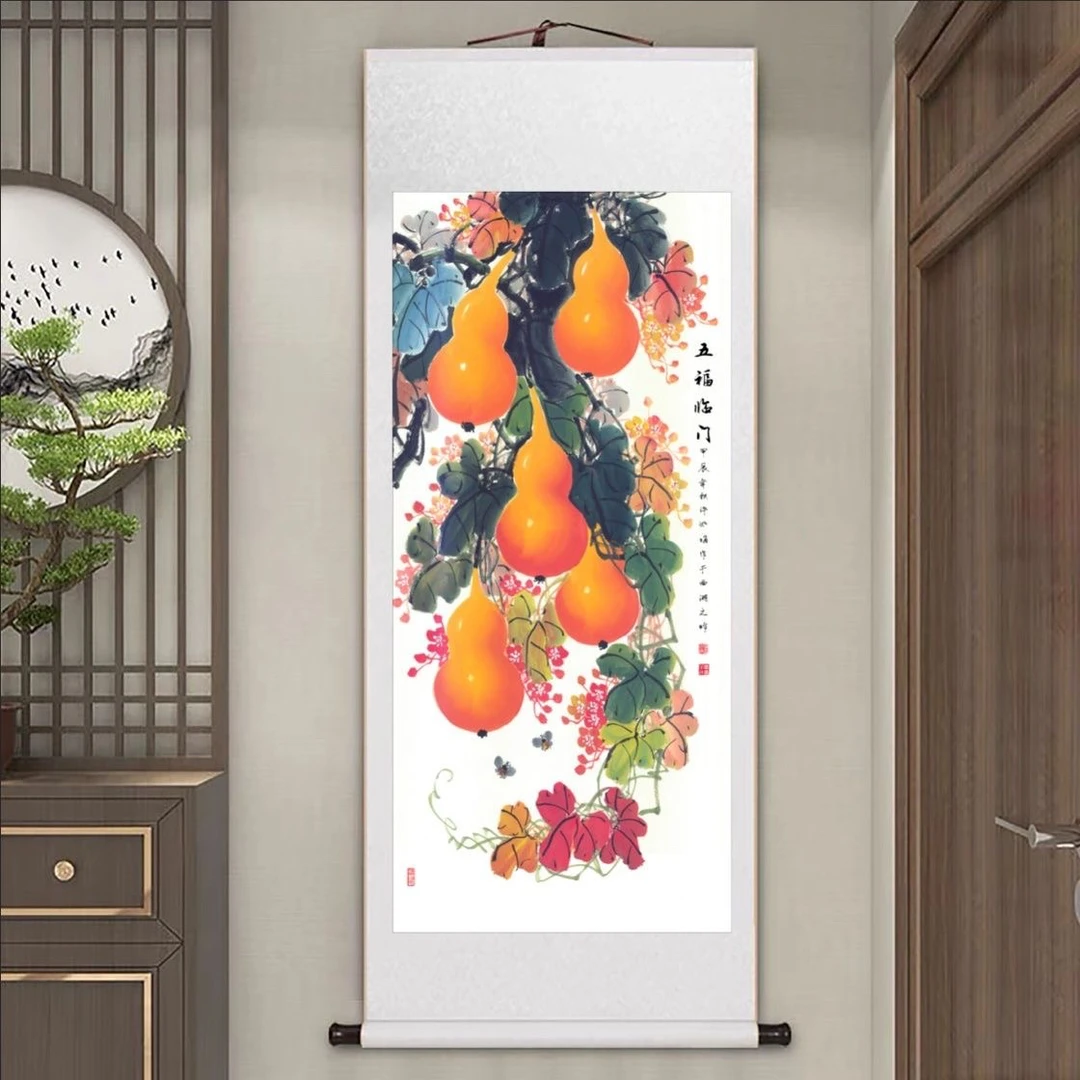 【现代高清微喷装饰画】五福临门葫芦（宽62，高160）