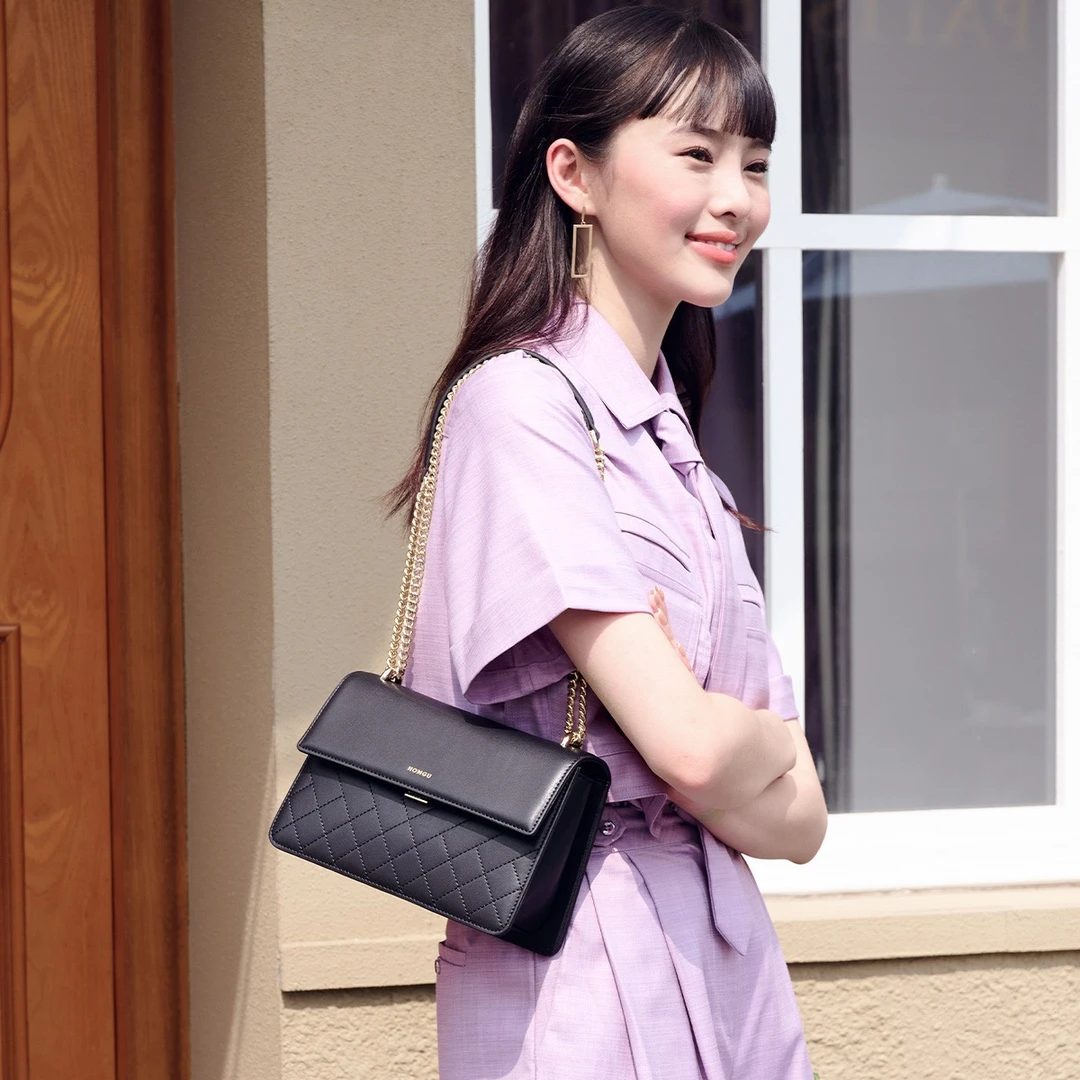 HONGU/红谷新款时尚牛皮单肩斜挎包菱格设计链条腋下简约包包女