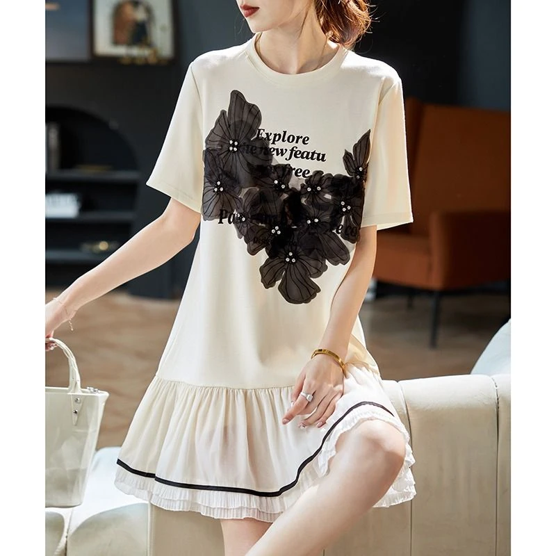 【90%好评率】高端圆领印花钉钻短袖连衣裙女2025夏季设计感时尚拼