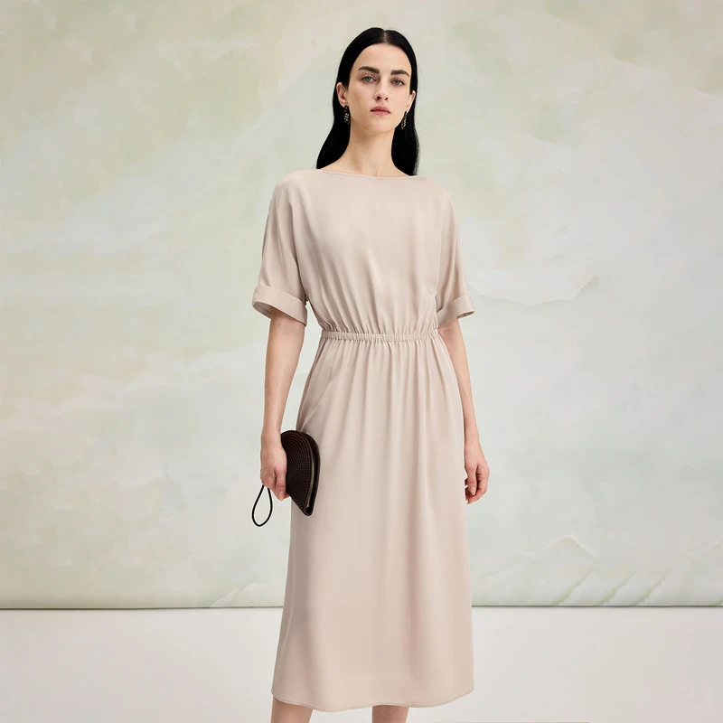 寺山文也 馨宁/23MM真丝弹力重绉气质通勤高腰短袖船领连衣裙女夏