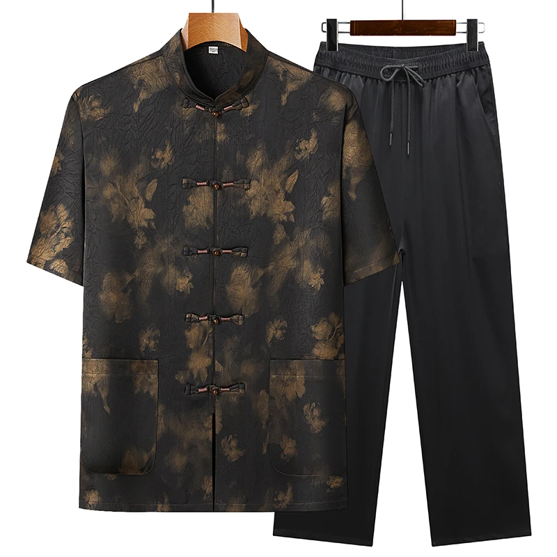 夏季中国风老年人两件套宽松男短袖上衣男士唐装套装男碎花爷爷装