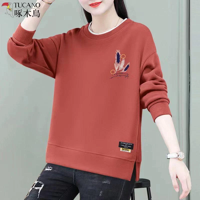 啄木鸟秋季卫衣女新款宽松大码修身显瘦长袖开叉休闲打底衫上衣