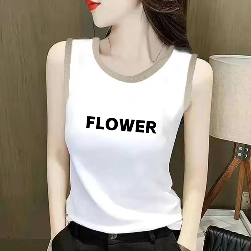 新款纯棉韩版印花吊带背心女外穿打底修身百搭显瘦无袖上衣女T恤