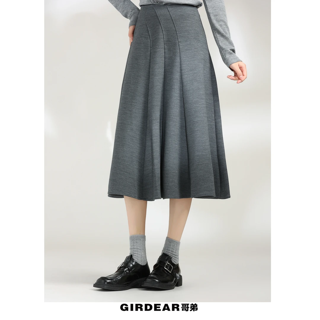 GIRDEAR/哥弟 1200378-1 新款纯色绵羊毛伞裙高腰显瘦中裙半身裙