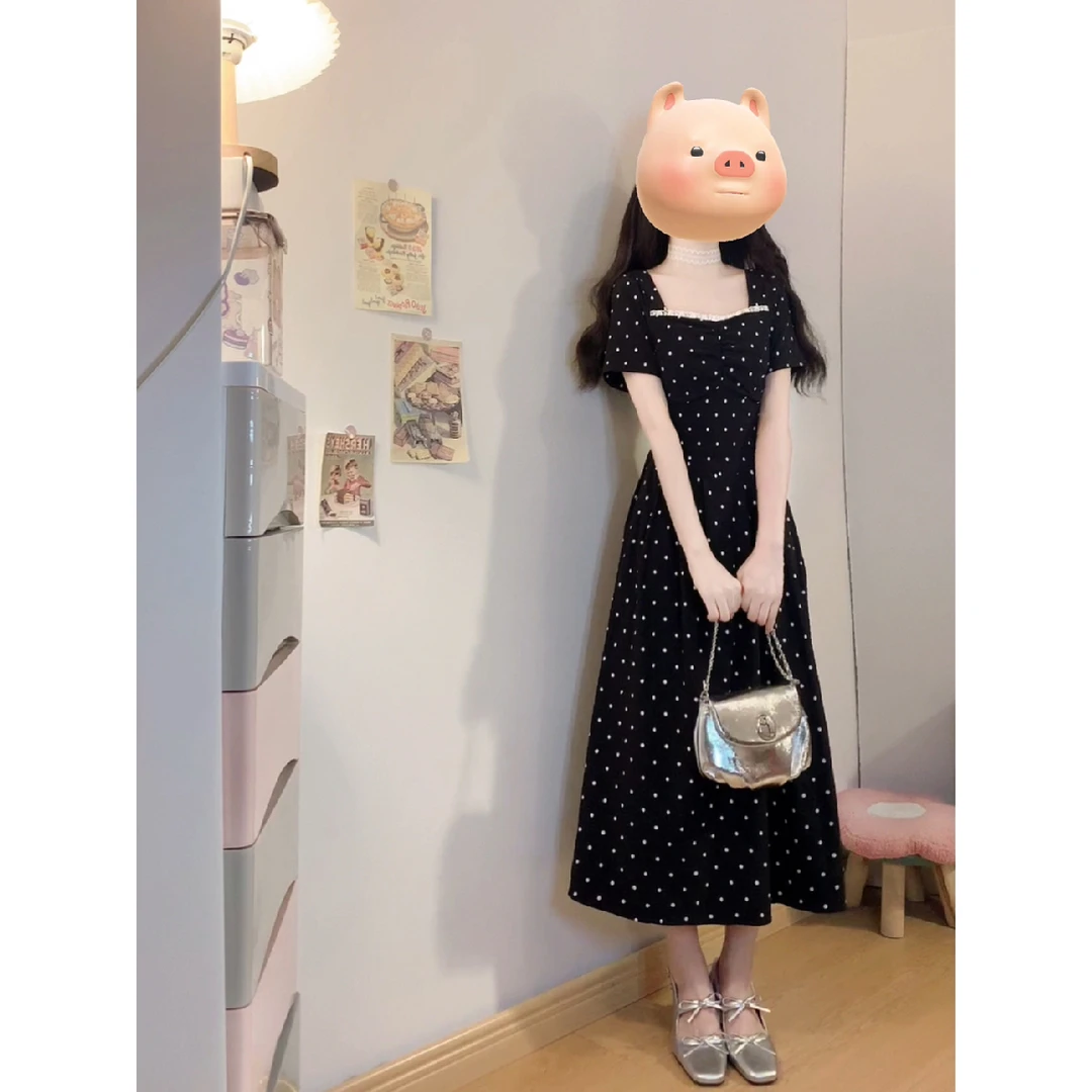 2025新大码女装夏季气质收腰显瘦桃心领中长款蕾丝拼接波点连衣裙