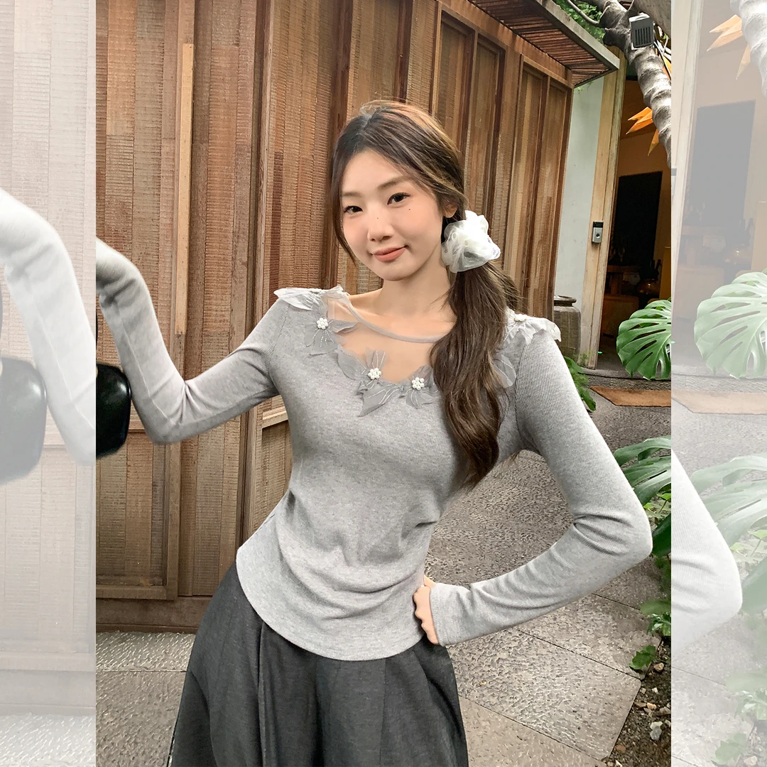 纯欲蕾丝花朵拼接设计感长袖T恤女2025新款内搭气质上衣