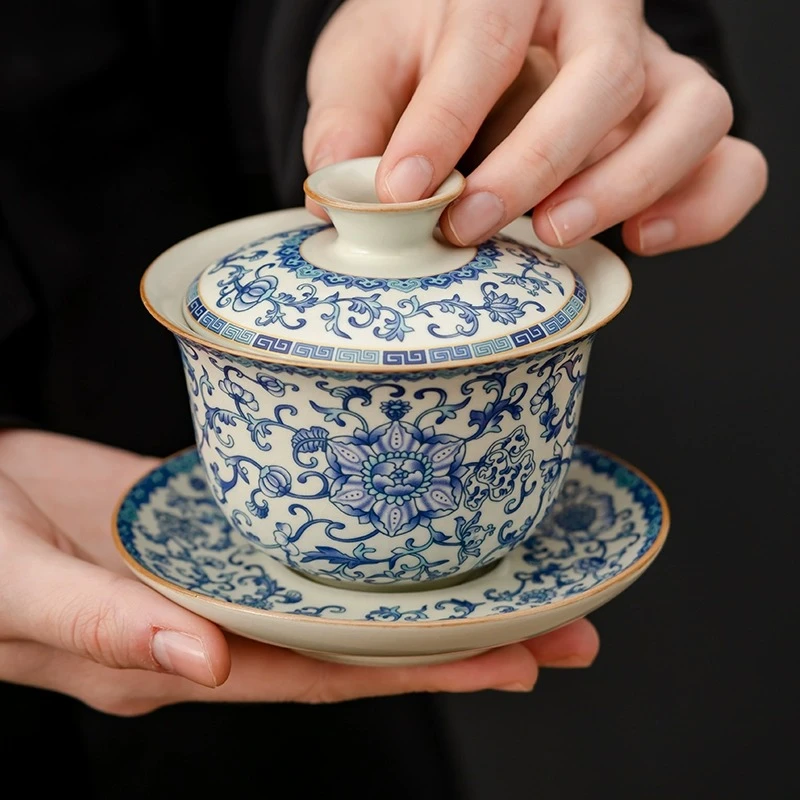 汝窑三才盖碗茶杯单个2025新款高档青花瓷大号不烫手泡盖碗三件套