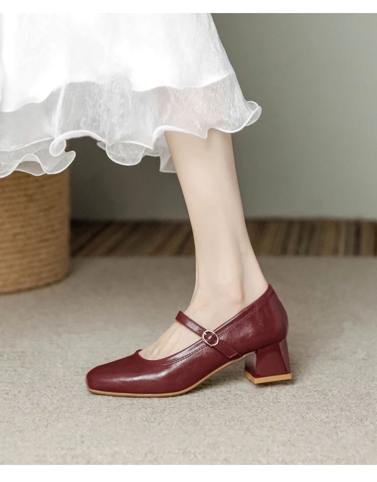 牛皮单鞋新款真皮粗跟方头一字扣玛丽珍单鞋法式复古低跟百搭女鞋