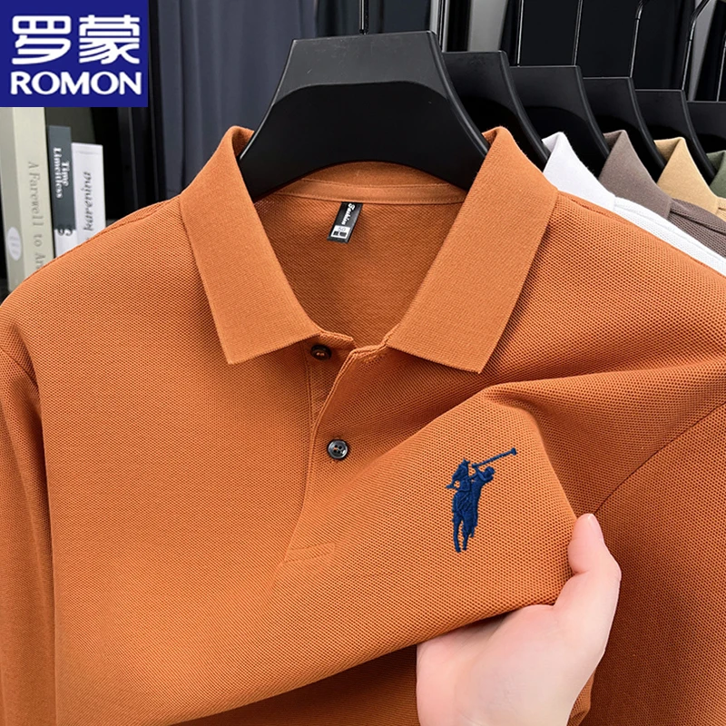罗蒙春秋季新款舒适polo衫时尚高档翻领体恤宽松纯色潮流长袖t恤