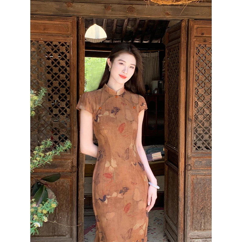 凌茜【檀息】国风新中式棕色印花裙复古韵味端庄气质优雅高级感旗袍