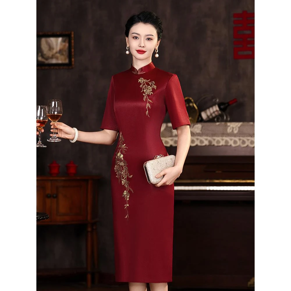 喜妈妈婚宴旗袍礼服高端大气红色喜婆婆2025新款高贵结婚连衣裙夏