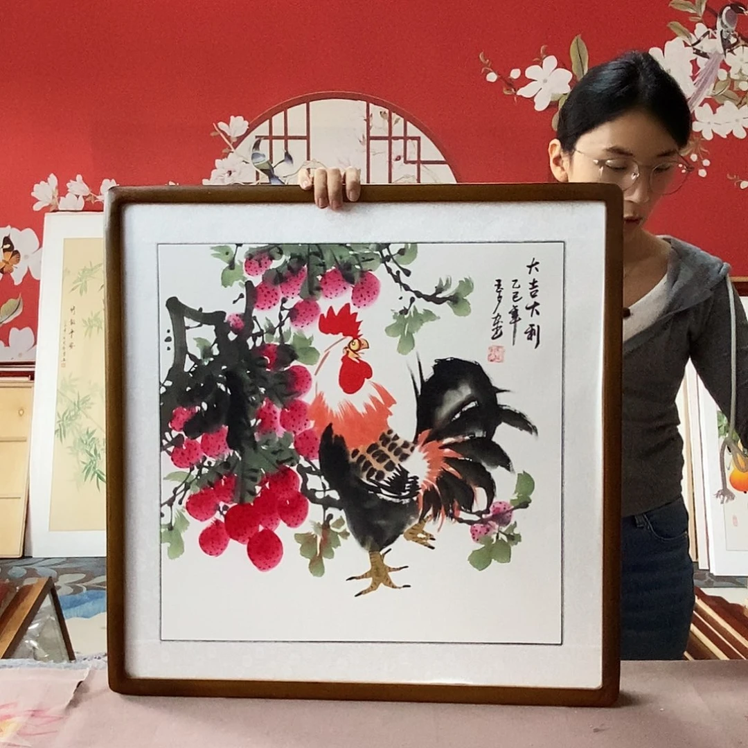 国画手写手绘国画作品带框包邮62✖️62
