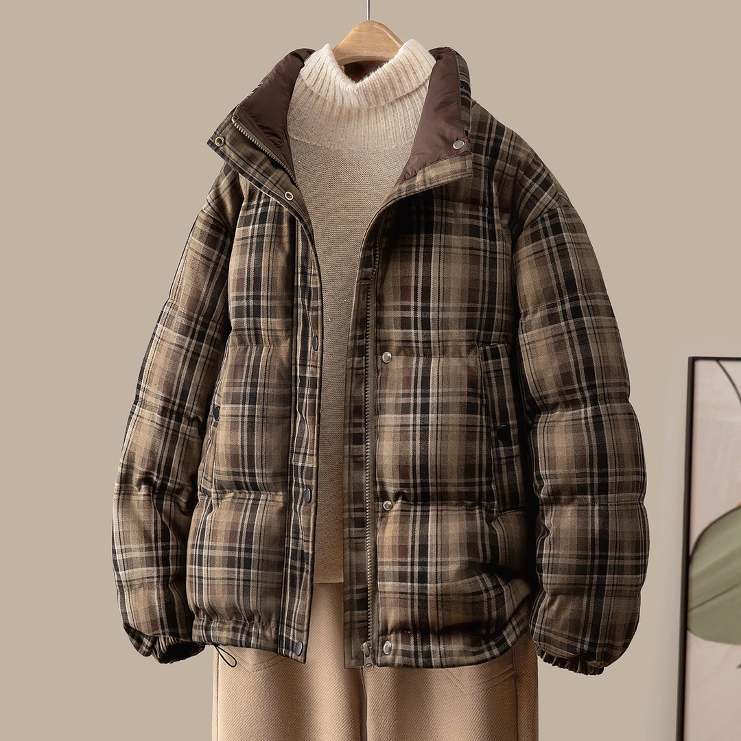 丝柏舍2025冬装新款女装复古格纹落肩袖宽松立领羽绒服S54B2551Y