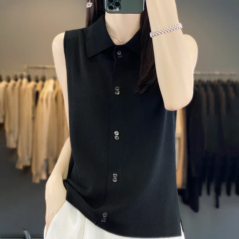 黑色无袖打底衫女洋气polo领无袖精纺针织衫内搭气质显瘦百搭神器