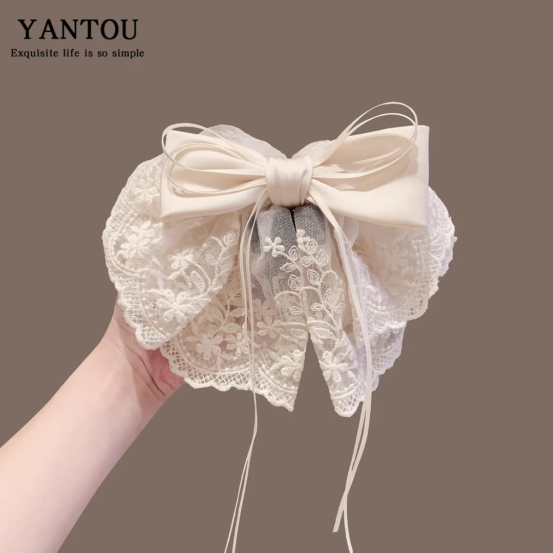 飘带蝴蝶结蕾丝裙摆抓夹马尾夹后脑勺低马尾发夹新款大号发抓发饰