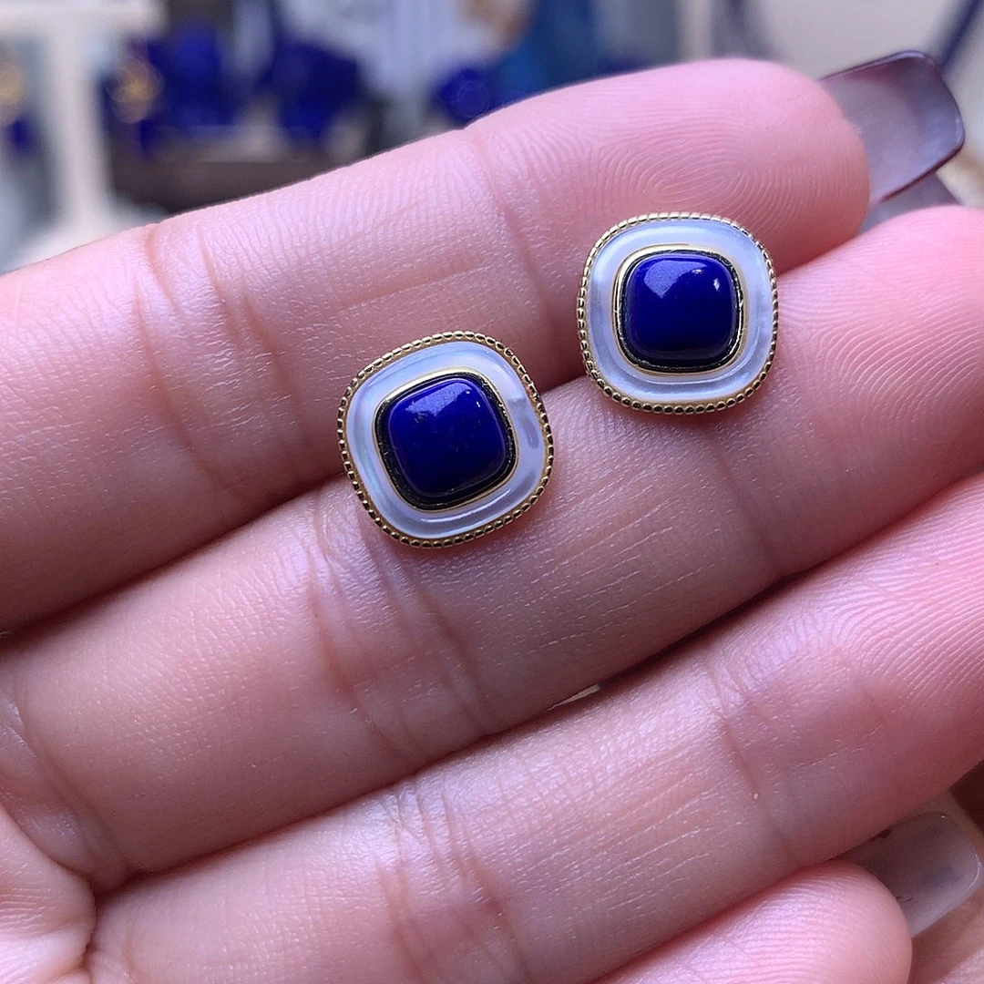 青金石银S925镶嵌耳饰