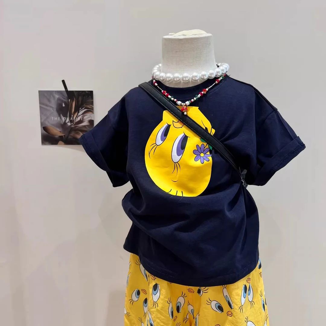 2025新款儿童套装女童夏季翠堤鸟印花T恤宽松短袖透气薄款休闲裤