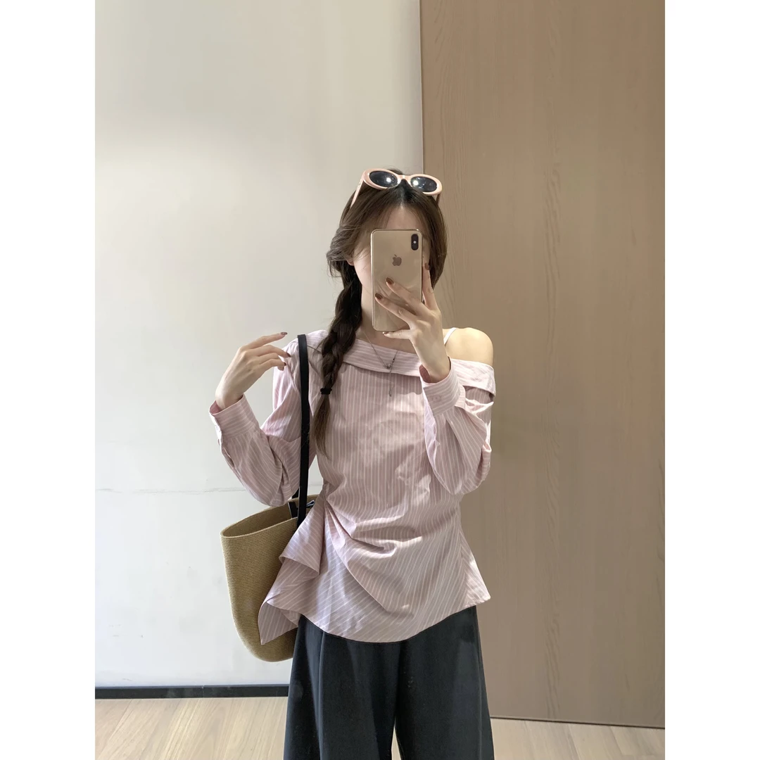 【孤僻捡漏直接拍】休闲条纹绑带收腰显瘦百搭夏季休闲女装衬衫