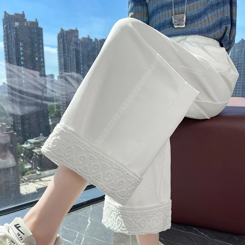 白色蕾丝花边九分直筒裤女早秋2025新款高腰垂感显瘦小个子阔腿裤