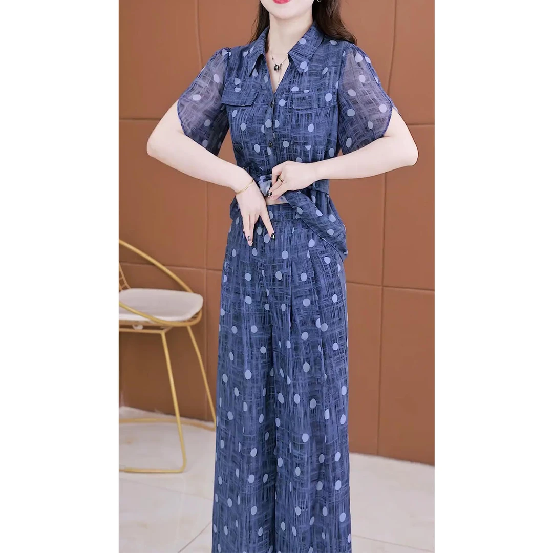 2025年夏季时尚洋气显瘦设计感短袖绑带上衣阔腿裤休闲两件套装女