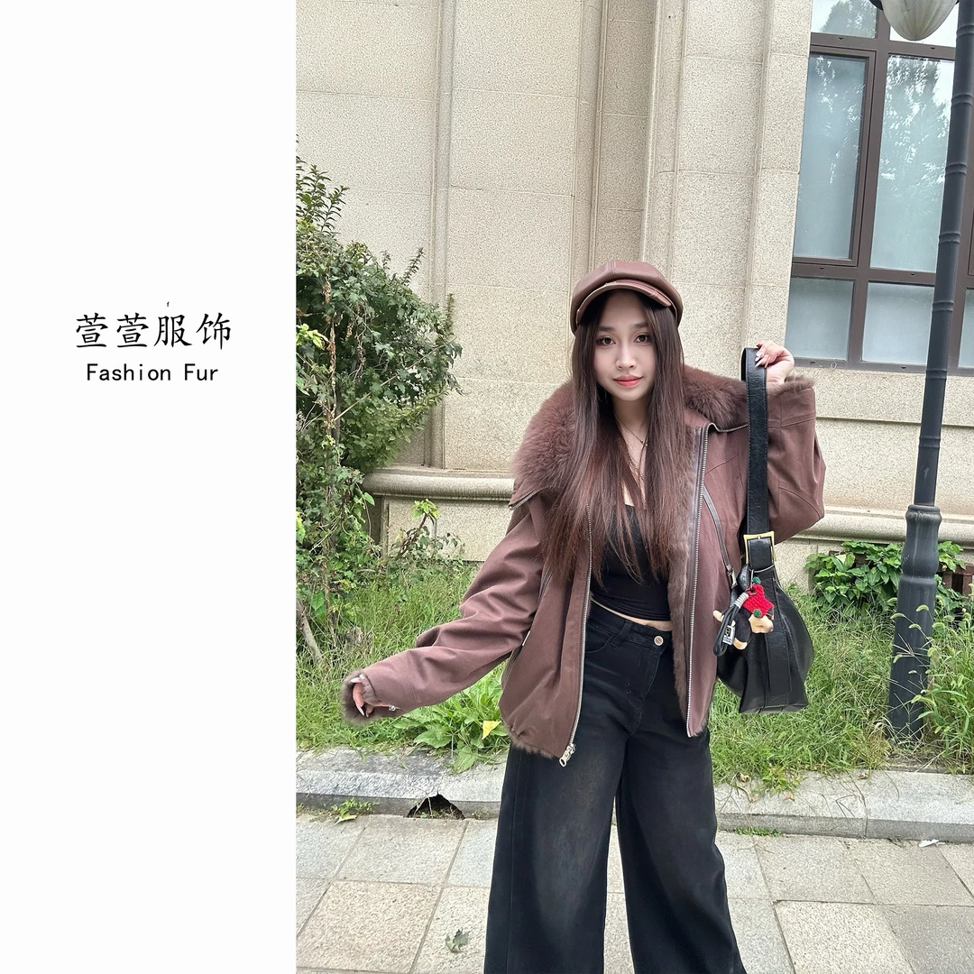 【萱萱】2025’新款两面穿狐狸毛领百搭宽松兔毛女士皮草派克秋冬