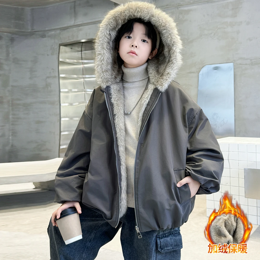 男童加绒外套秋冬款2025新款中大儿童男孩冬装双面穿加厚皮毛一体