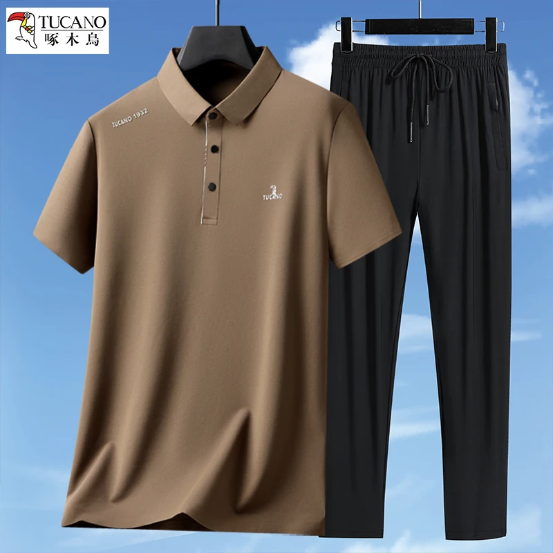 抖音热榜款！啄木鸟冰丝套装中老年夏季爸爸装弹力速干裤