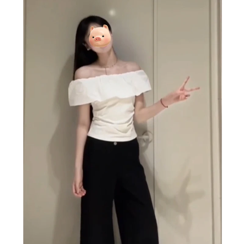 法式气质一字肩荷叶边白色短袖T恤女夏季设计感小众修身露肩上衣