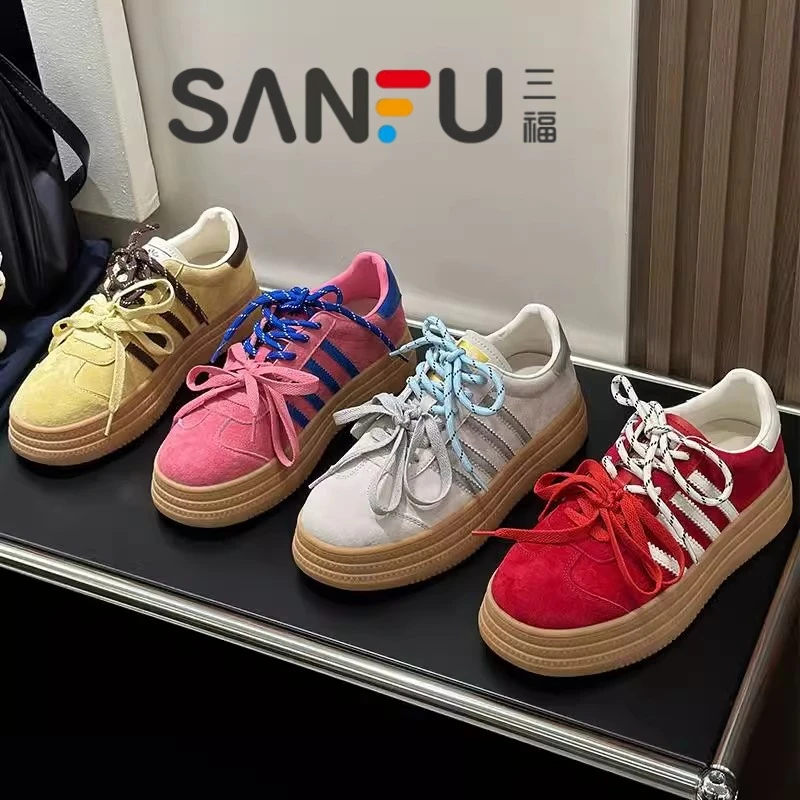 三福厚底四杠德训鞋女鞋2025春季新款双鞋带透气休闲运动板鞋女