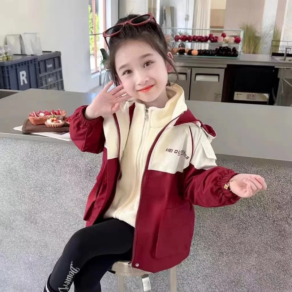 韩系范~2025女童秋季新款拼色外套中大童连帽韩版外套10828