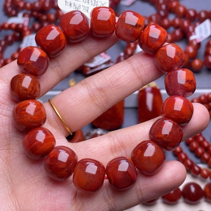 南红玛瑙未镶嵌其他D13mm（原矿）瓦西料牛血红火焰纹老型手串
