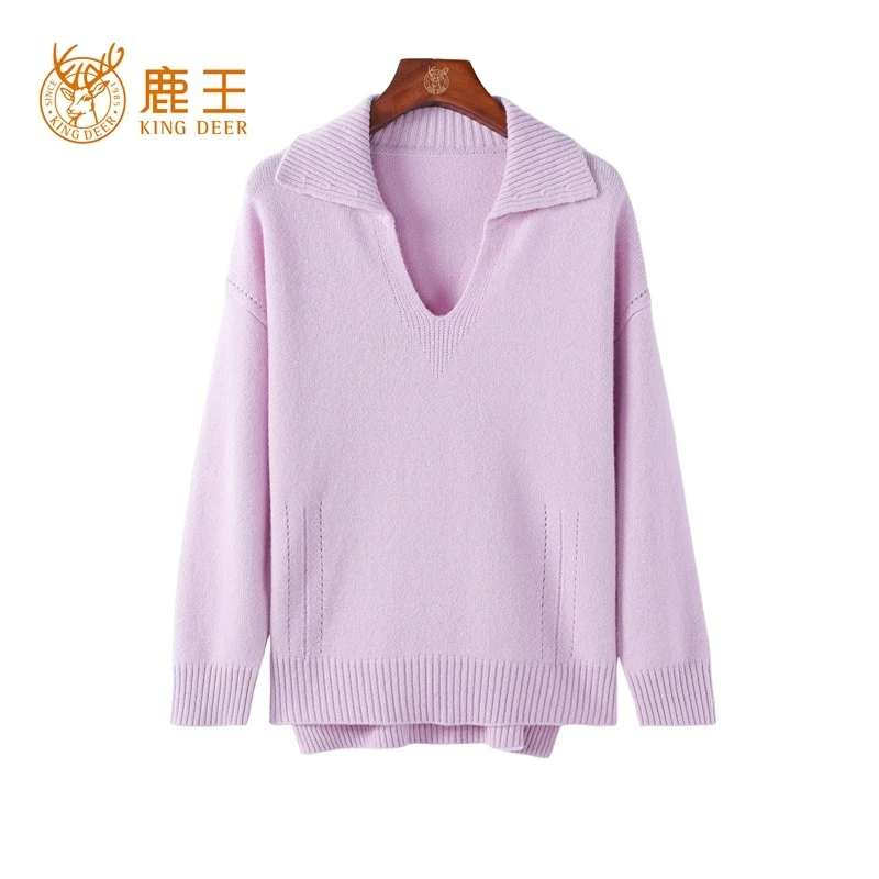 鹿王24秋冬新款女翻领V领100山羊绒时尚休闲针织套衫 加厚 TX127