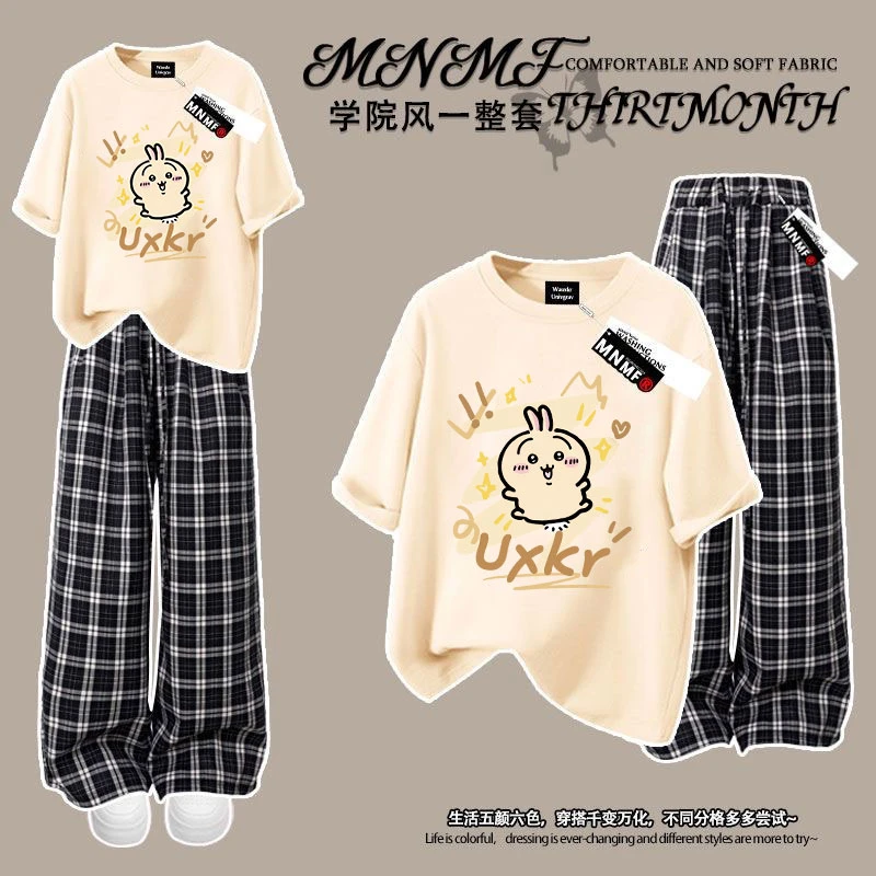 乌萨奇小八女童纯棉短袖格子裤套装夏季新款宽松中大童长裤两件套