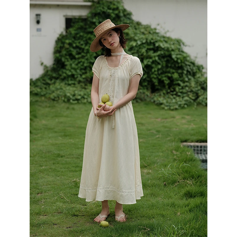Botanique植物学“白栀茉莉”撞色蕾丝花边法式复古天丝亚麻连衣裙