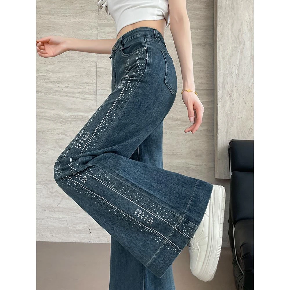 字母烫钻牛仔裤女夏季2025新款莱赛尔高腰不贴腿微喇阔腿拖地裤子