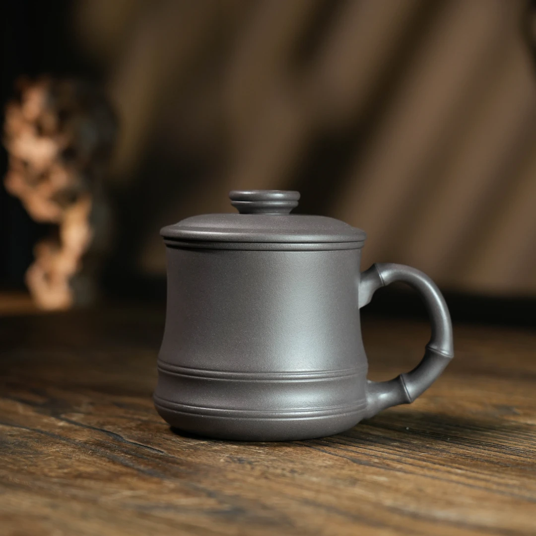 宜兴原矿紫砂天青泥TQ家用大容量带盖隔舱盖杯390cc