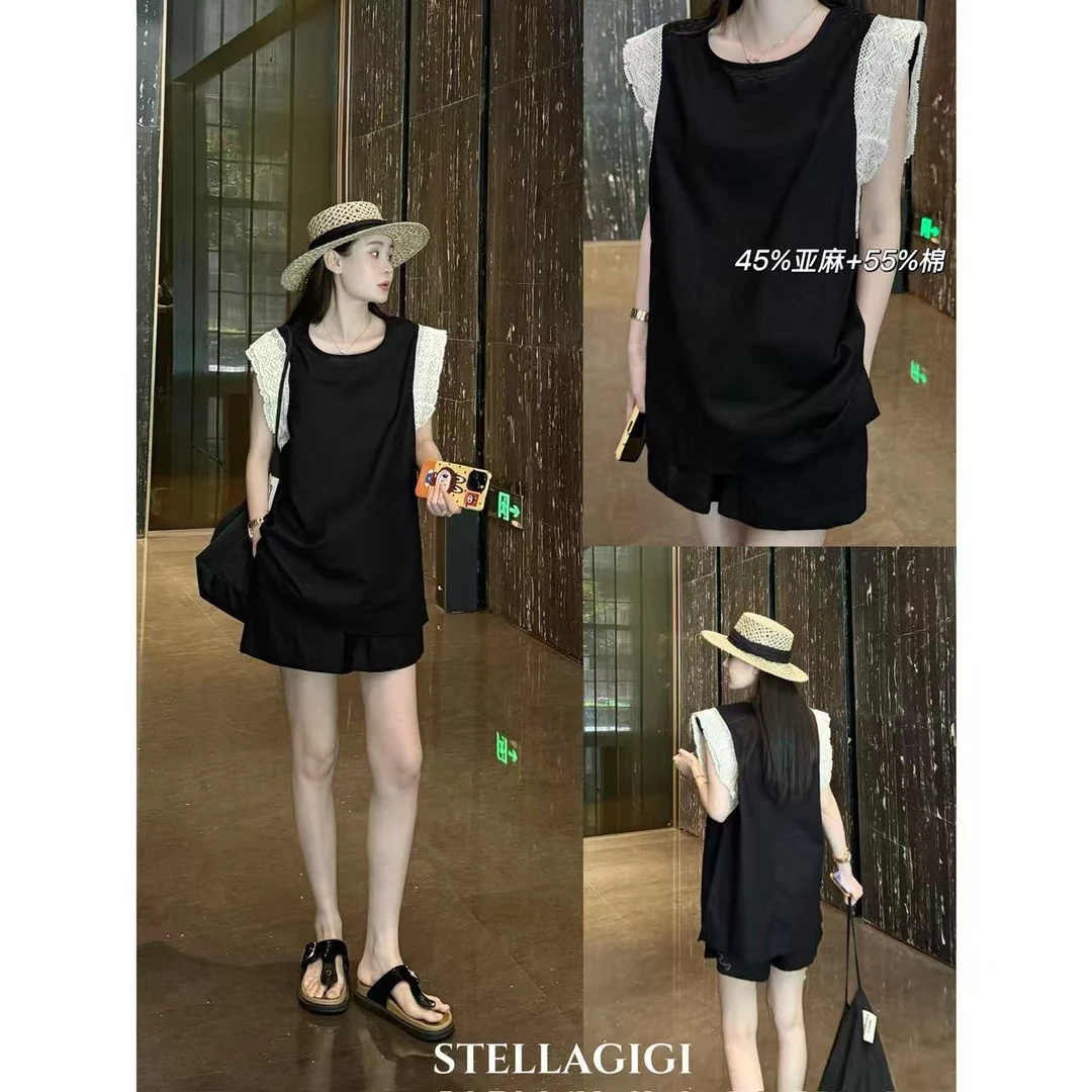 SG / 郭幂幂 SS 亚麻老钱风 蕾丝边无袖上衣+短裤套装TZ-20251553