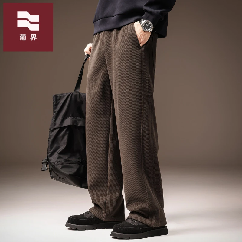 高端肌理感斜纹休闲阔腿裤子男2025秋冬新款美式重磅华直筒卫裤男
