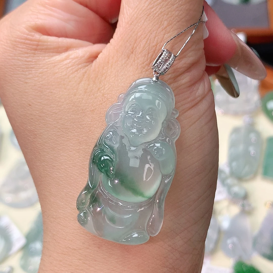 翡翠挂件18K金镶嵌财神爷