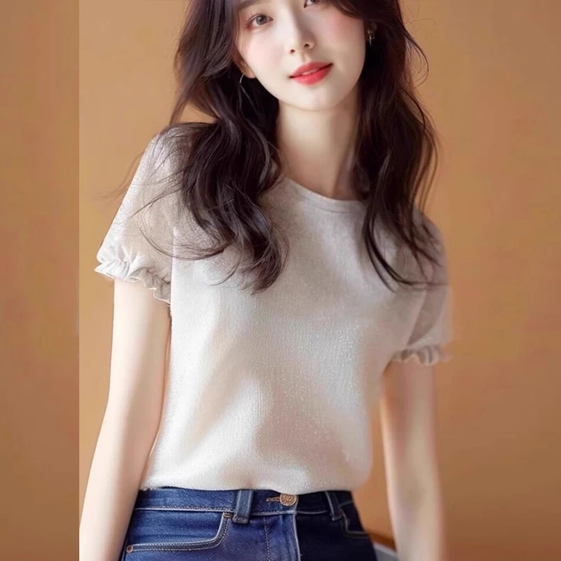 法式白色针织短袖t恤女2025夏季新款小个子别致短款体恤衫V领上衣