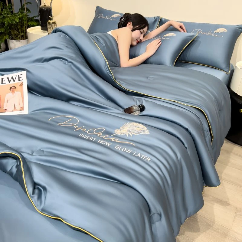 水星家纺适用夏季刺绣冰丝夏凉被四件套单双人家用宿舍空调夏被子