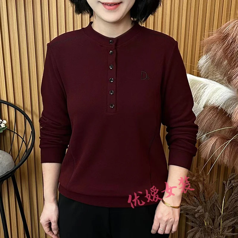 中老年女装秋冬双面绒保暖圆领扣子显瘦百搭洋气妈妈装长袖上衣