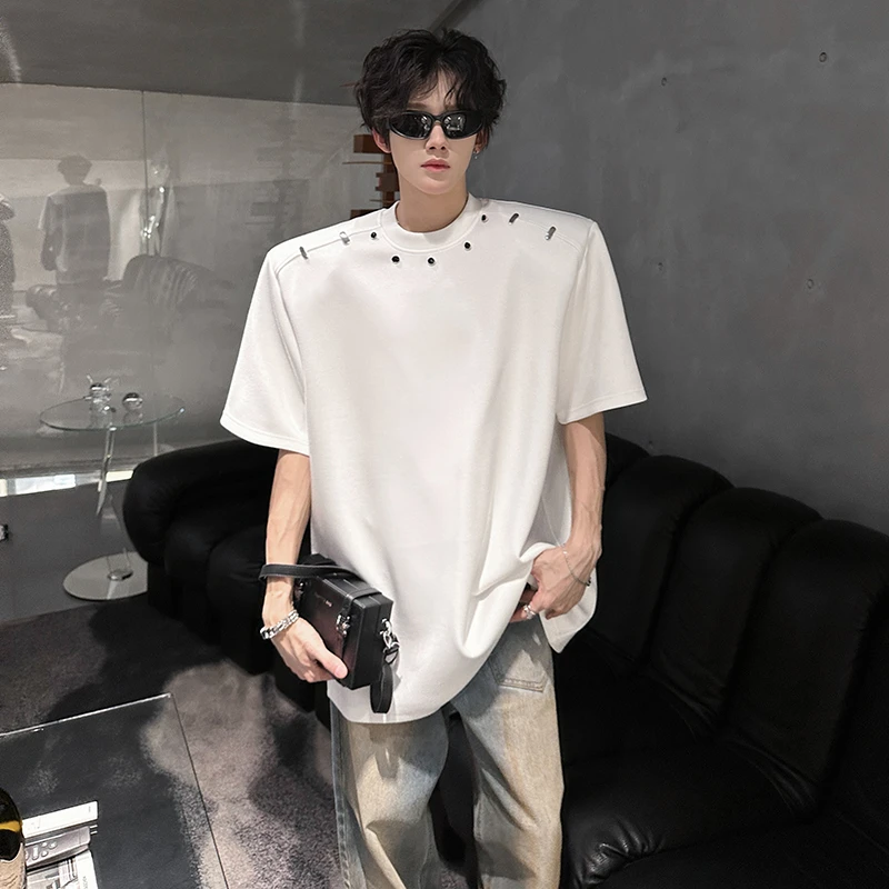 小众金属纽扣设计感垫肩短袖T恤男夏季2025新款潮牌宽松廓形半袖