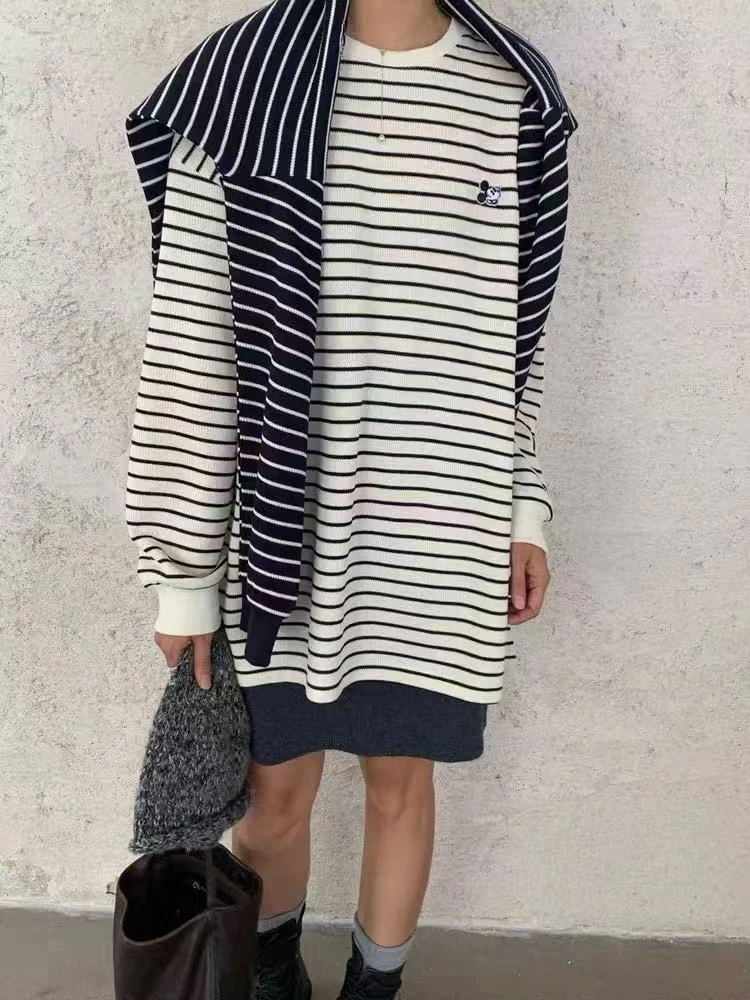 7202欧货休闲大版型条纹长袖刺绣米奇图案厚款T恤女中长款宽松