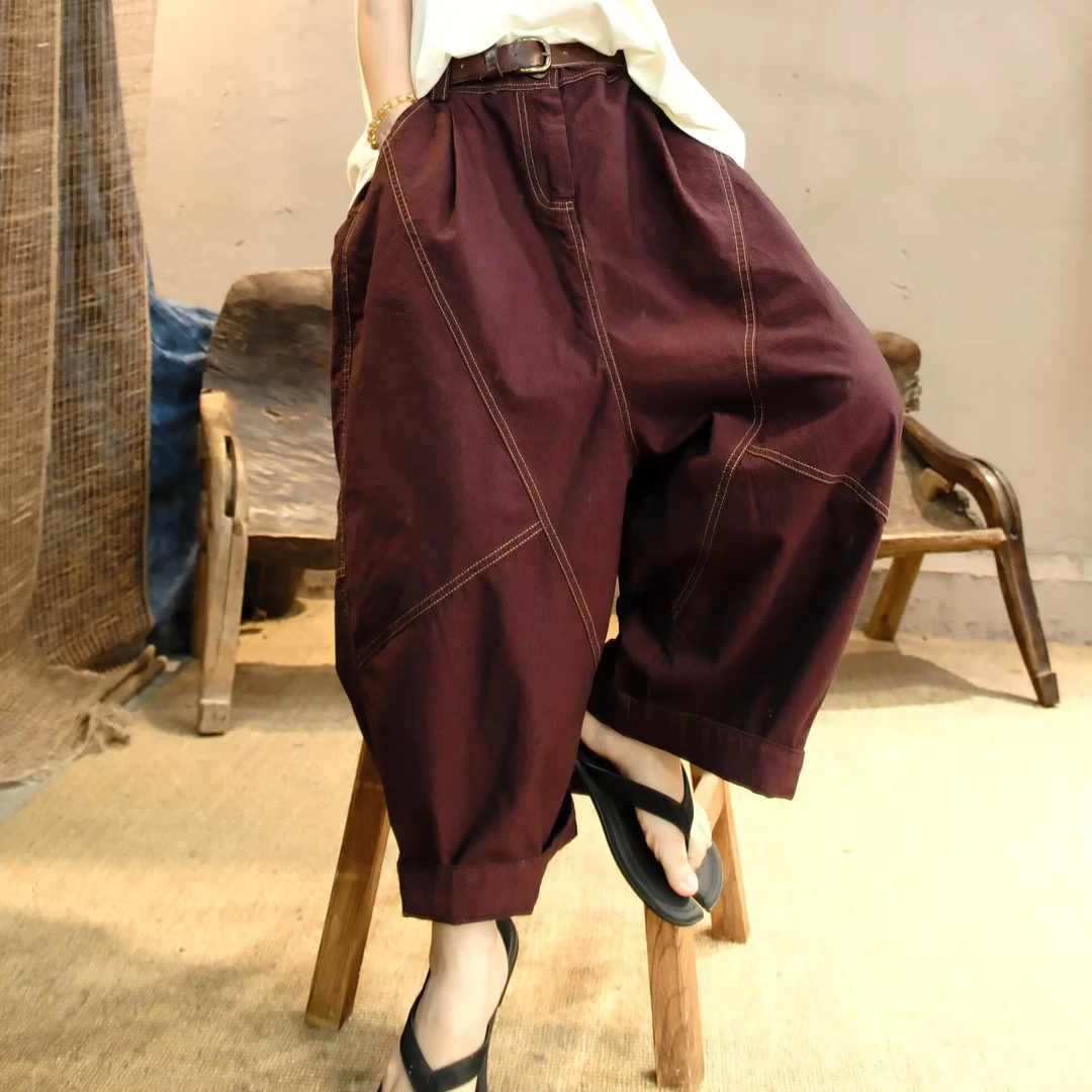 特2510508忆古朴拙夏季薄款色织纯棉休闲裤文艺宽松直筒九分裤