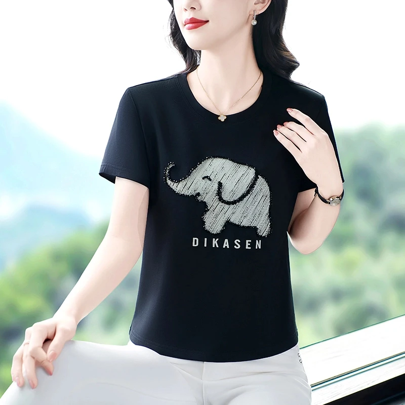 圆领休闲短袖T恤女2025夏季时尚年轻妈妈短款百搭半袖高档体恤衫